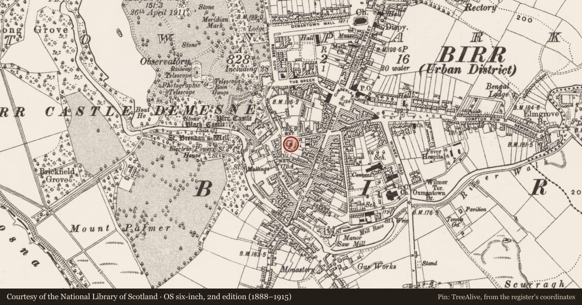Ordnance Survey six-inch map, 2nd edition (1888–1915) covering the location of Church, Townparks, County Offaly, with a pin at the register's coordinates