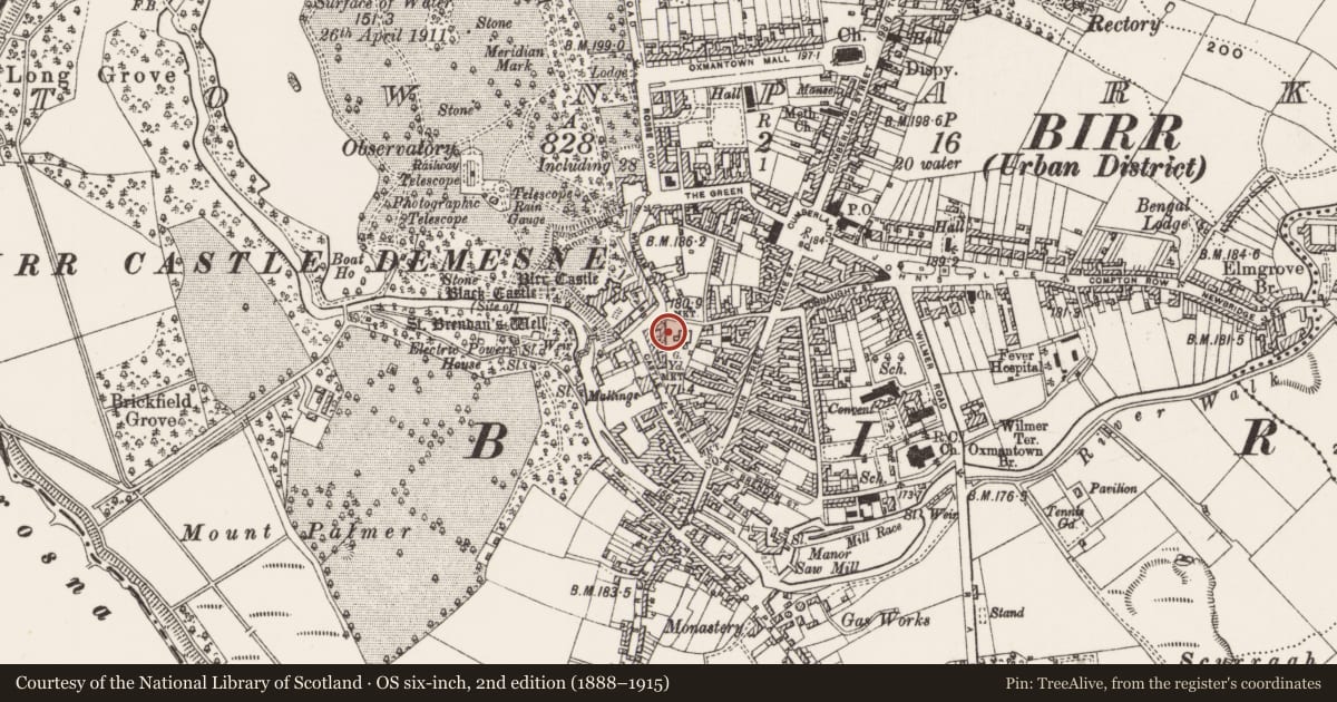 Ordnance Survey six-inch map, 2nd edition (1888–1915) covering the location of Graveyard, Townparks, County Offaly, with a pin at the register's coordinates