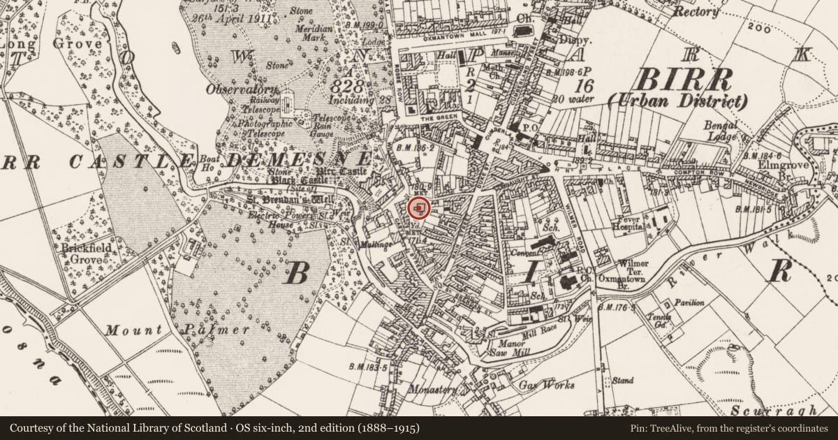 Ordnance Survey six-inch map, 2nd edition (1888–1915) covering the location of Ecclesiastical site, Townparks, County Offaly, with a pin at the register's coordinates