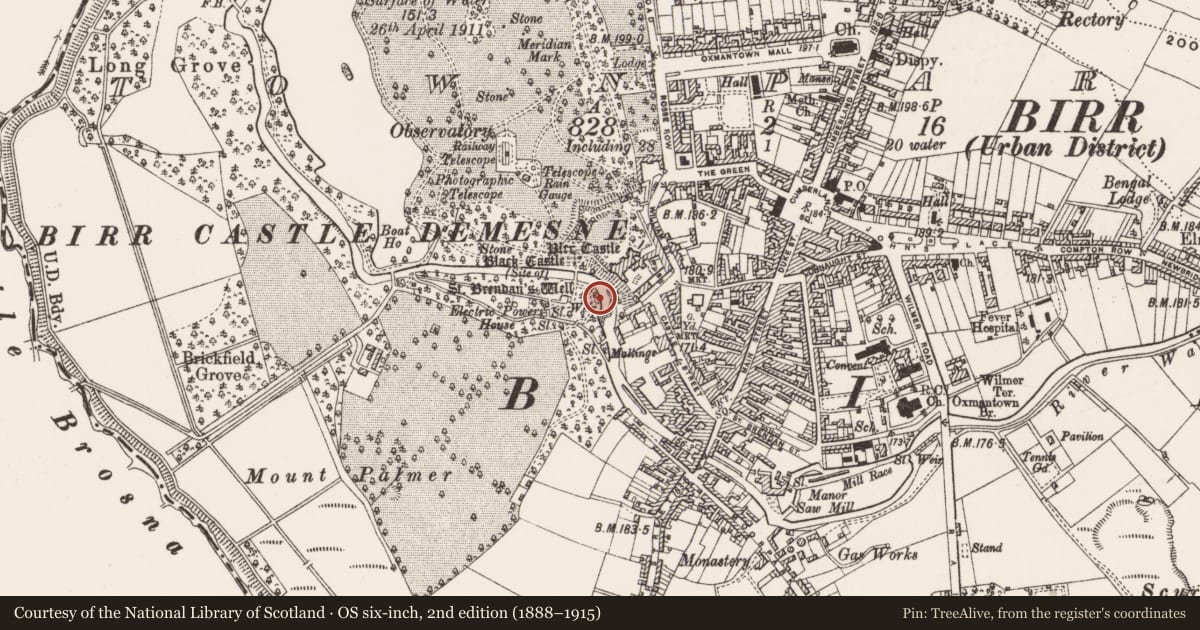 Ordnance Survey six-inch map, 2nd edition (1888–1915) covering the location of Ritual site - holy well, Townparks, County Offaly, with a pin at the register's coordinates