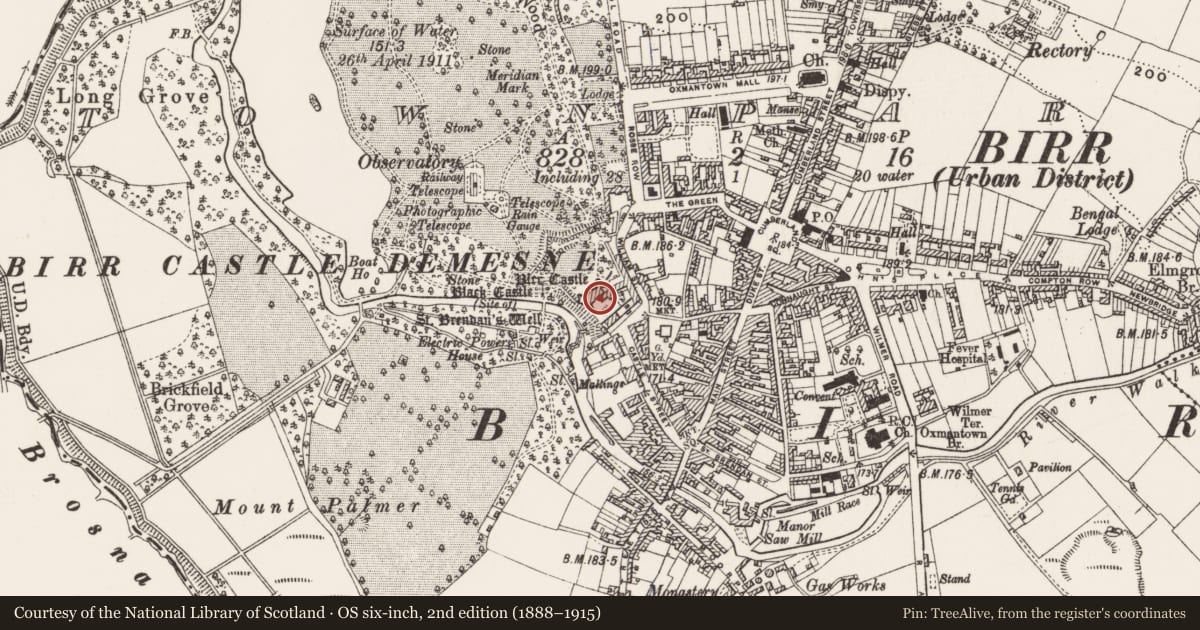 Ordnance Survey six-inch map, 2nd edition (1888–1915) covering the location of House - fortified house, Townparks, County Offaly, with a pin at the register's coordinates