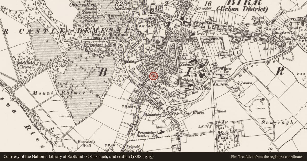 Ordnance Survey six-inch map, 2nd edition (1888–1915) covering the location of Cross - Market cross, Townparks, County Offaly, with a pin at the register's coordinates