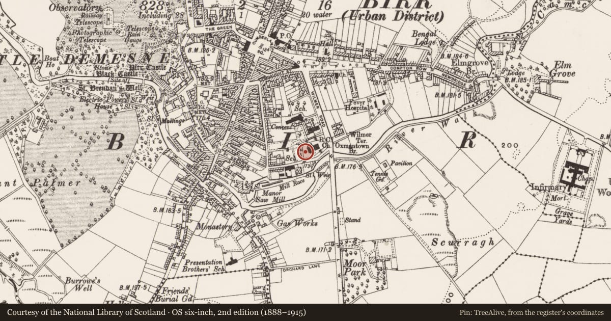 Ordnance Survey six-inch map, 2nd edition (1888–1915) covering the location of Chapel, Townparks, County Offaly, with a pin at the register's coordinates