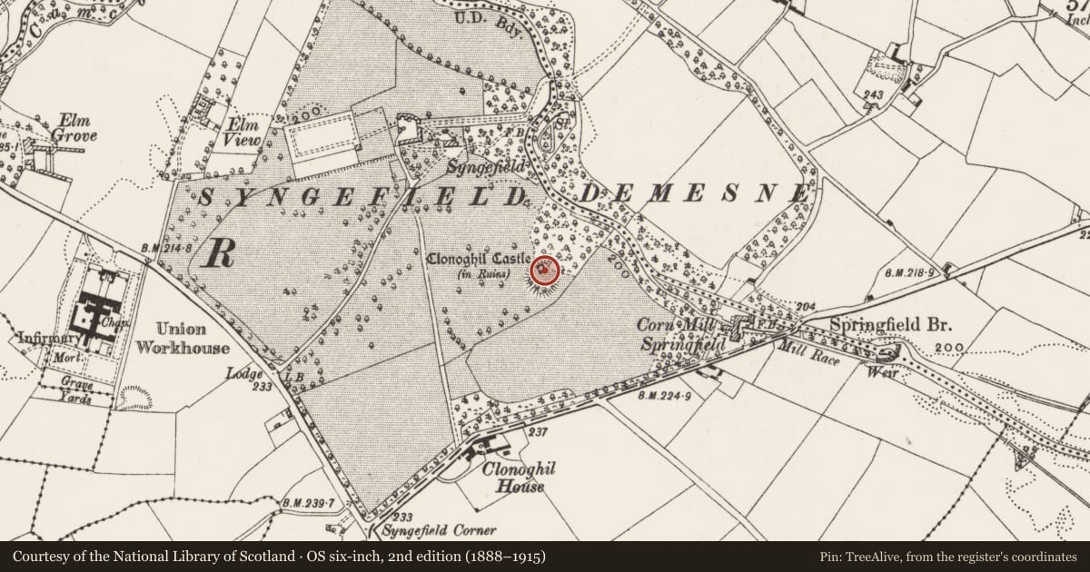 Ordnance Survey six-inch map, 2nd edition (1888–1915) covering the location of Castle - tower house, Clonoghil Upper, County Offaly, with a pin at the register's coordinates