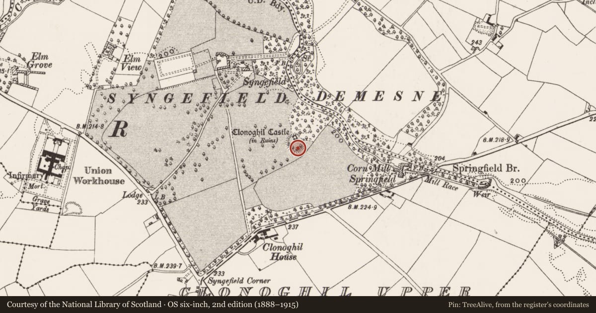 Ordnance Survey six-inch map, 2nd edition (1888–1915) covering the location of Bawn, Clonoghil Upper, County Offaly, with a pin at the register's coordinates