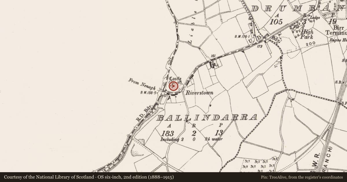 Ordnance Survey six-inch map, 2nd edition (1888–1915) covering the location of Castle - tower house, Ballindarra, County Offaly, with a pin at the register's coordinates
