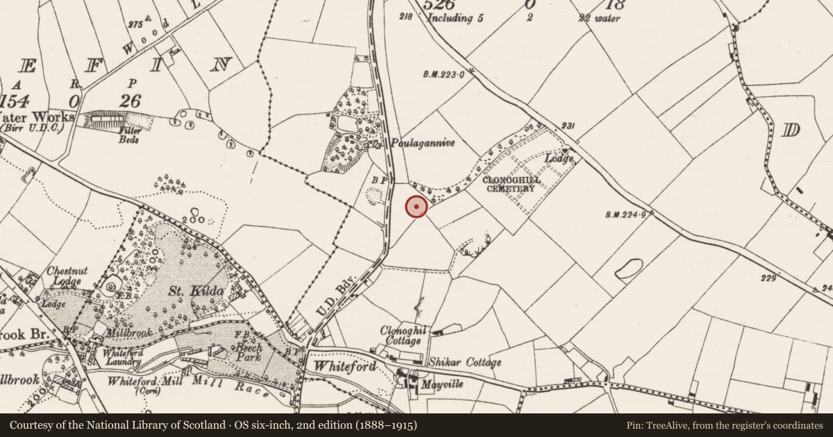 Ordnance Survey six-inch map, 2nd edition (1888–1915) covering the location of Ringfort - rath, Clonoghil Upper, County Offaly, with a pin at the register's coordinates
