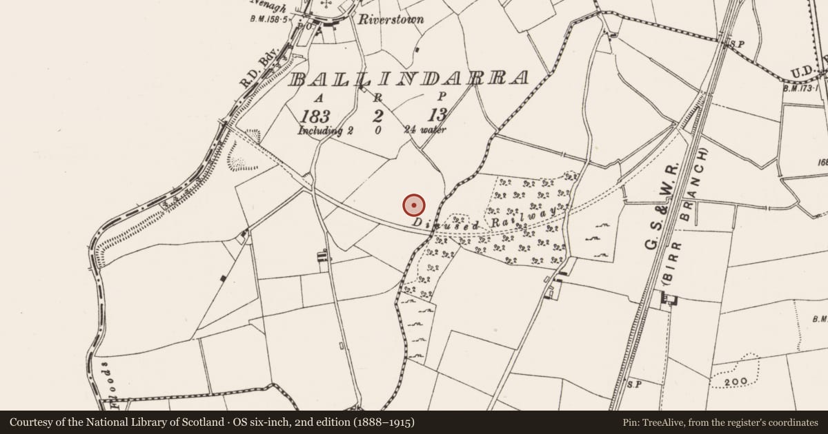 Ordnance Survey six-inch map, 2nd edition (1888–1915) covering the location of Enclosure, Ballindarra, County Offaly, with a pin at the register's coordinates