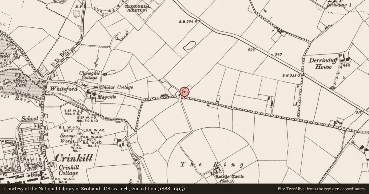 Ordnance Survey six-inch map, 2nd edition (1888–1915) covering the location of Enclosure, Clonoghil Upper, County Offaly, with a pin at the register's coordinates