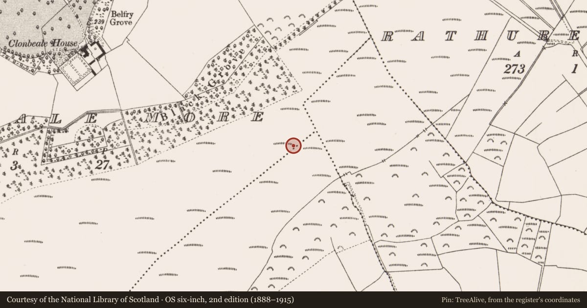 Ordnance Survey six-inch map, 2nd edition (1888–1915) covering the location of Structure - peatland, Clonbeale More, County Offaly, with a pin at the register's coordinates