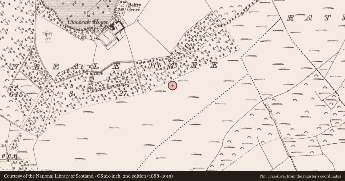 Ordnance Survey six-inch map, 2nd edition (1888–1915) covering the location of Structure - peatland, Clonbeale More, County Offaly, with a pin at the register's coordinates
