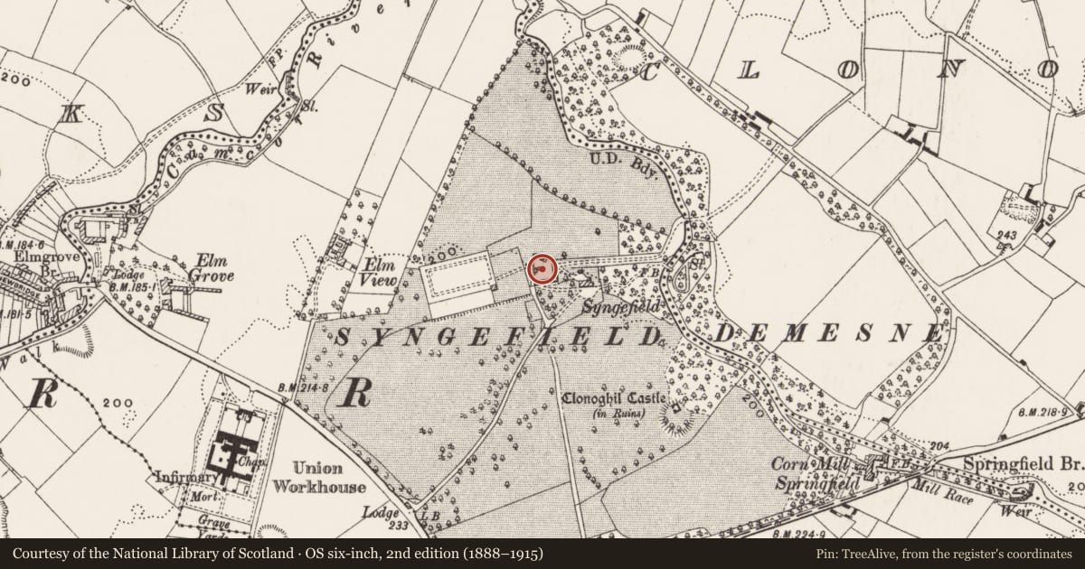 Ordnance Survey six-inch map, 2nd edition (1888–1915) covering the location of Exhibitionist figure (present location), Clonoghil Upper, County Offaly, with a pin at the register's coordinates