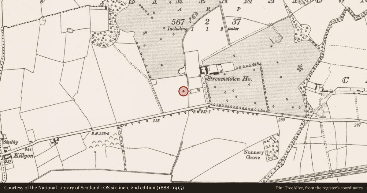 Ordnance Survey six-inch map, 2nd edition (1888–1915) covering the location of Enclosure, Streamstown, County Offaly, with a pin at the register's coordinates