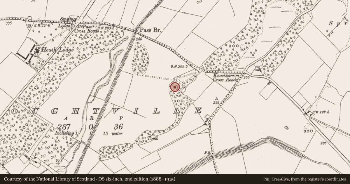 Ordnance Survey six-inch map, 2nd edition (1888–1915) covering the location of Barrow - stepped barrow, Droughtville, County Offaly, with a pin at the register's coordinates