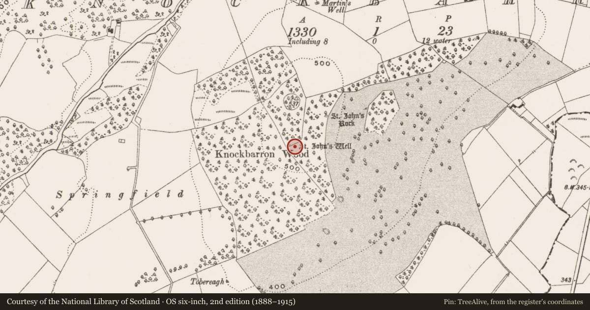 Ordnance Survey six-inch map, 2nd edition (1888–1915) covering the location of Ritual site - holy well, Knockbarron, County Offaly, with a pin at the register's coordinates