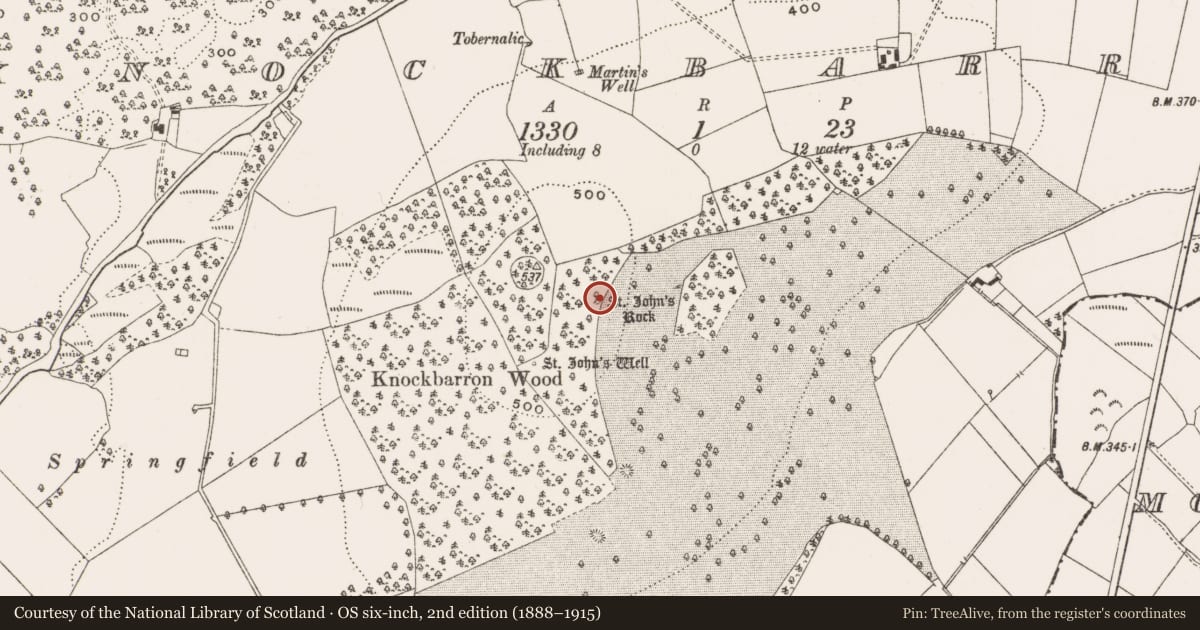Ordnance Survey six-inch map, 2nd edition (1888–1915) covering the location of Ritual site - holy/saint's stone, Knockbarron, County Offaly, with a pin at the register's coordinates