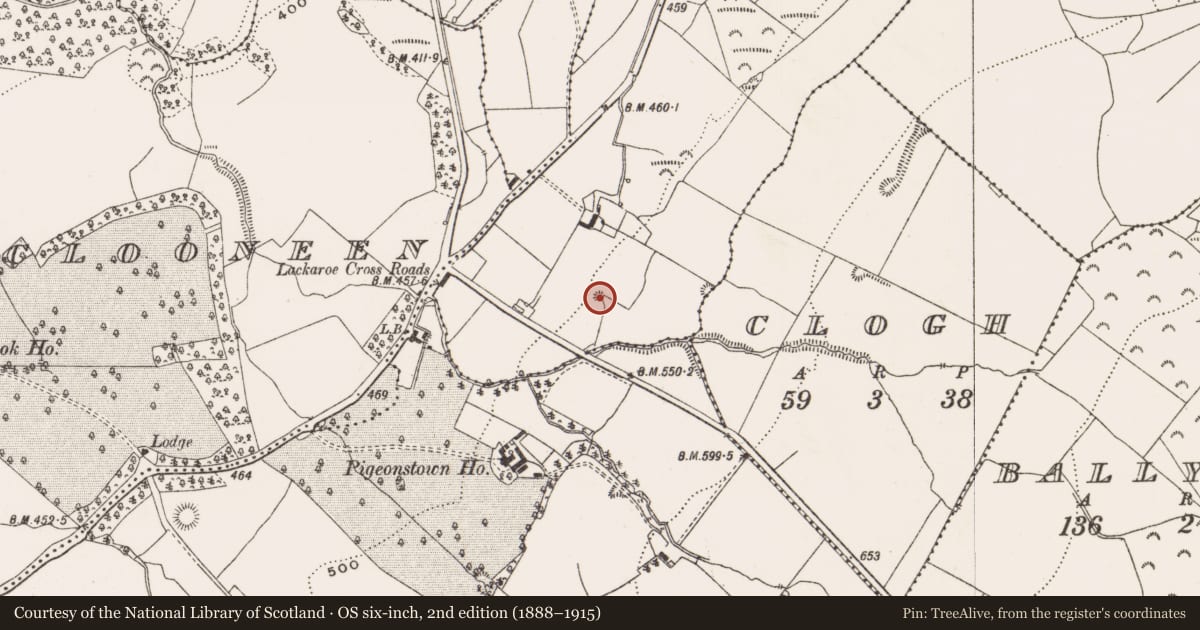 Ordnance Survey six-inch map, 2nd edition (1888–1915) covering the location of Enclosure, Lackaroe, County Offaly, with a pin at the register's coordinates