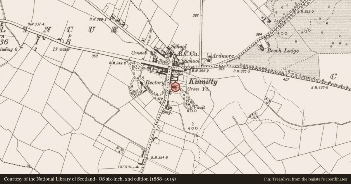 Ordnance Survey six-inch map, 2nd edition (1888–1915) covering the location of Church, Lismoney, County Offaly, with a pin at the register's coordinates
