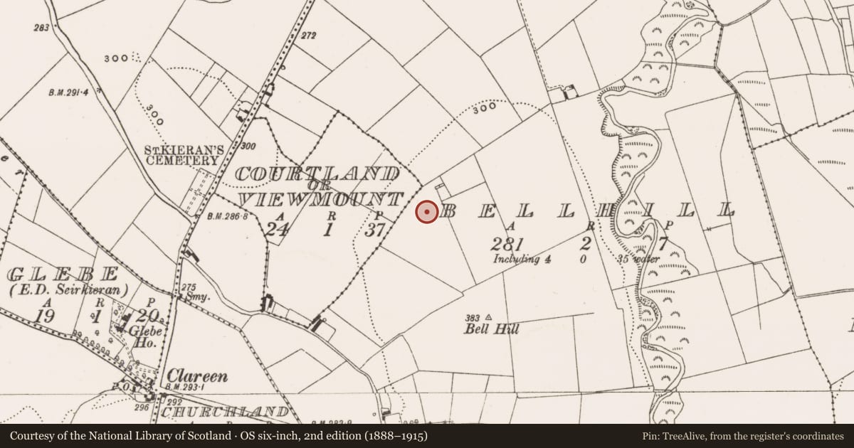 Ordnance Survey six-inch map, 2nd edition (1888–1915) covering the location of Mound, Bellhill, County Offaly, with a pin at the register's coordinates