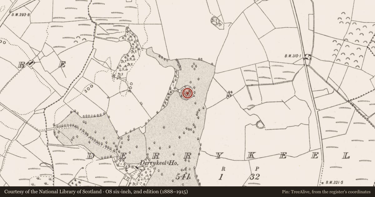 Ordnance Survey six-inch map, 2nd edition (1888–1915) covering the location of Enclosure, Derrykeel, County Offaly, with a pin at the register's coordinates