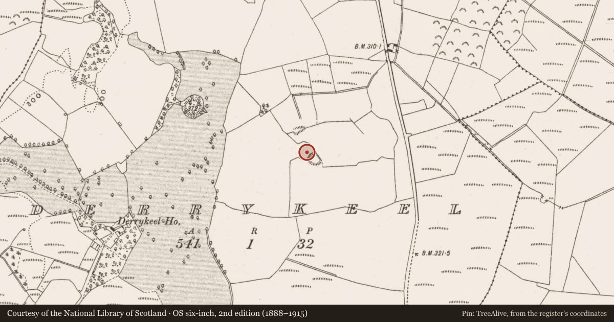 Ordnance Survey six-inch map, 2nd edition (1888–1915) covering the location of Enclosure, Derrykeel, County Offaly, with a pin at the register's coordinates