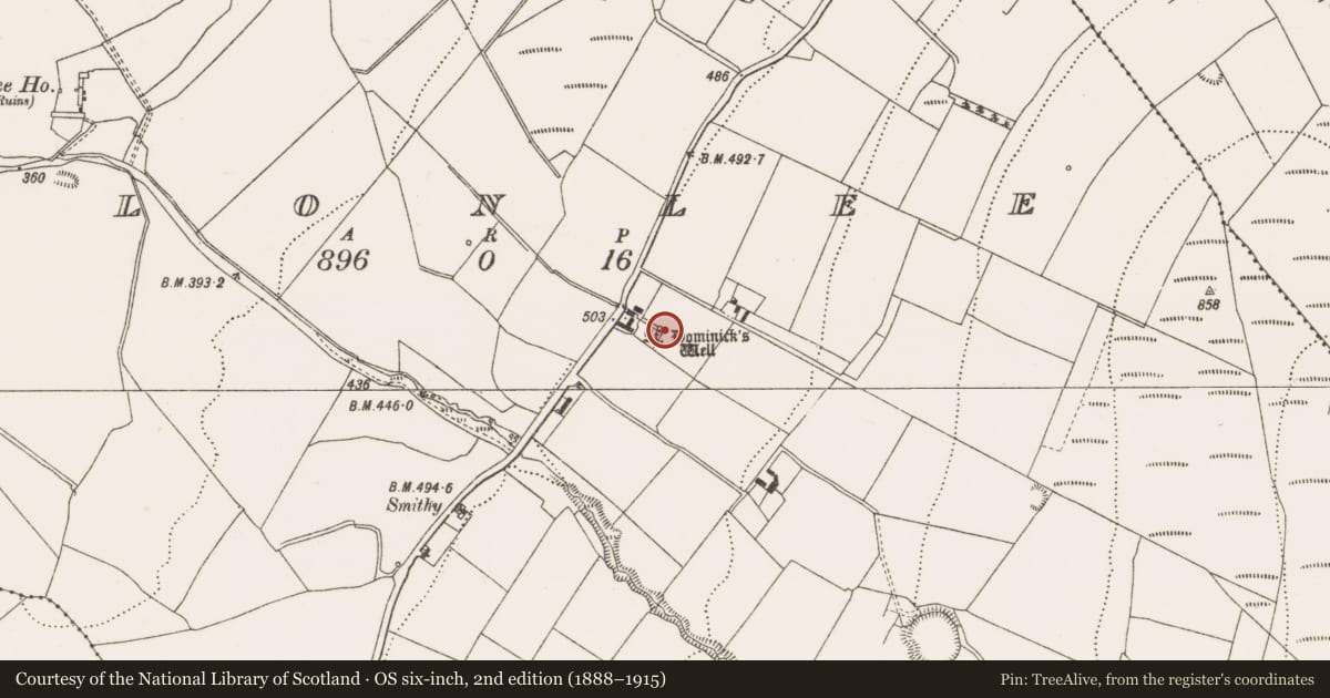 Ordnance Survey six-inch map, 2nd edition (1888–1915) covering the location of Ritual site - holy well, Clonlee, County Offaly, with a pin at the register's coordinates