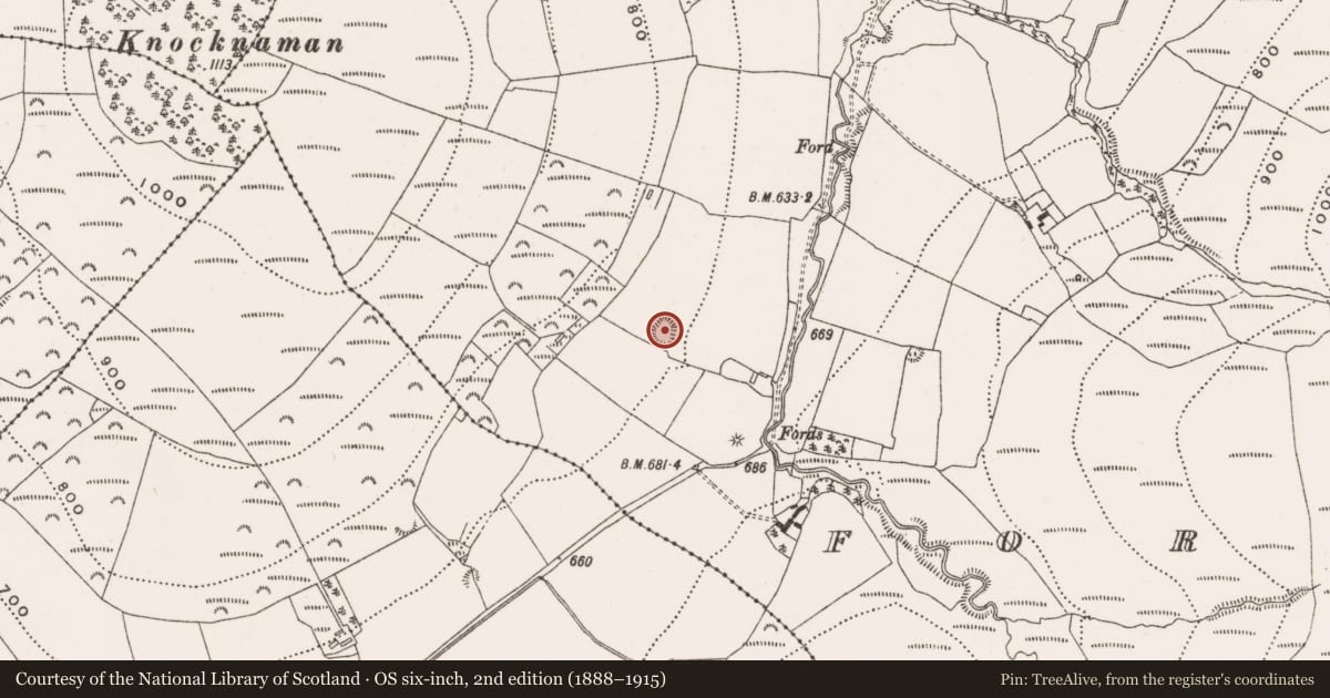 Ordnance Survey six-inch map, 2nd edition (1888–1915) covering the location of Enclosure, Forelacka, County Offaly, with a pin at the register's coordinates