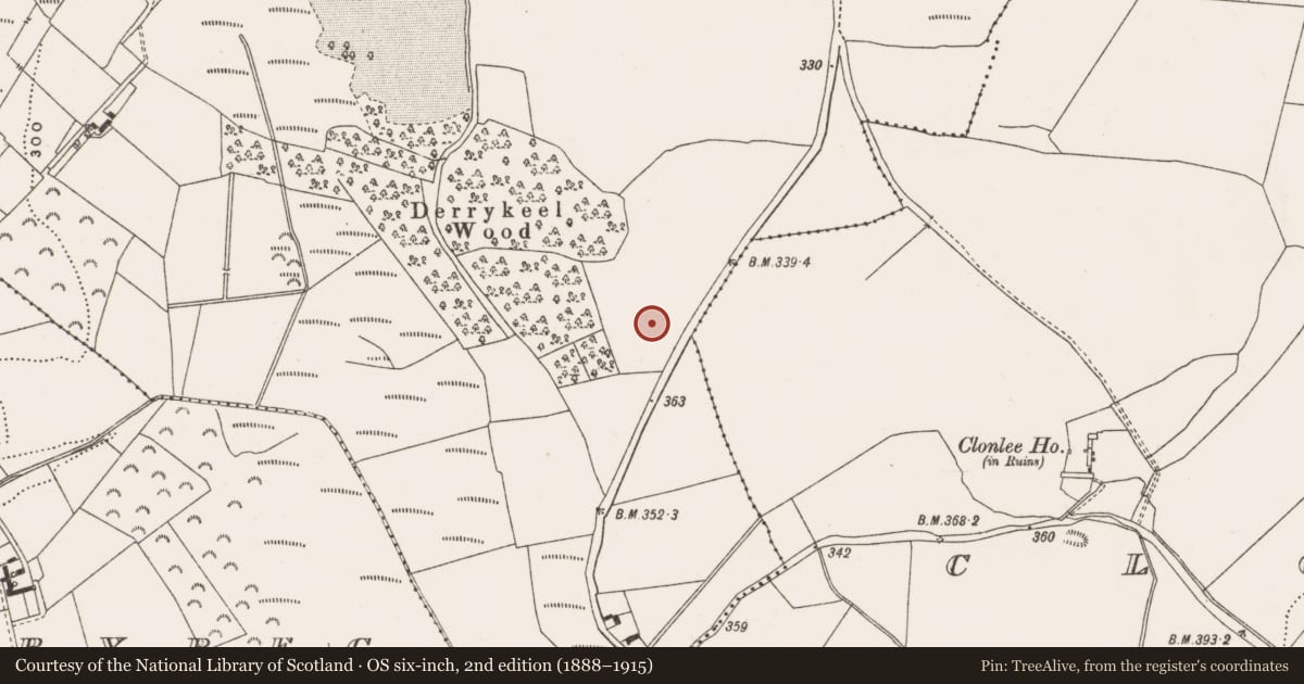 Ordnance Survey six-inch map, 2nd edition (1888–1915) covering the location of Enclosure, Derrykeel, County Offaly, with a pin at the register's coordinates