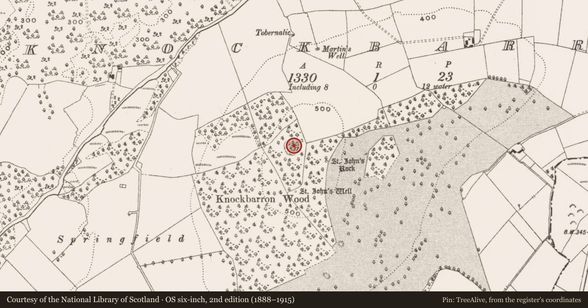 Ordnance Survey six-inch map, 2nd edition (1888–1915) covering the location of Designed landscape - tree-ring, Knockbarron, County Offaly, with a pin at the register's coordinates