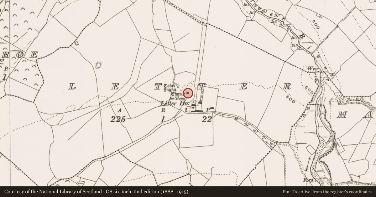 Ordnance Survey six-inch map, 2nd edition (1888–1915) covering the location of Church, Letter, County Offaly, with a pin at the register's coordinates
