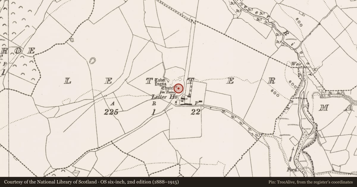 Ordnance Survey six-inch map, 2nd edition (1888–1915) covering the location of Cross-slab, Letter, County Offaly, with a pin at the register's coordinates