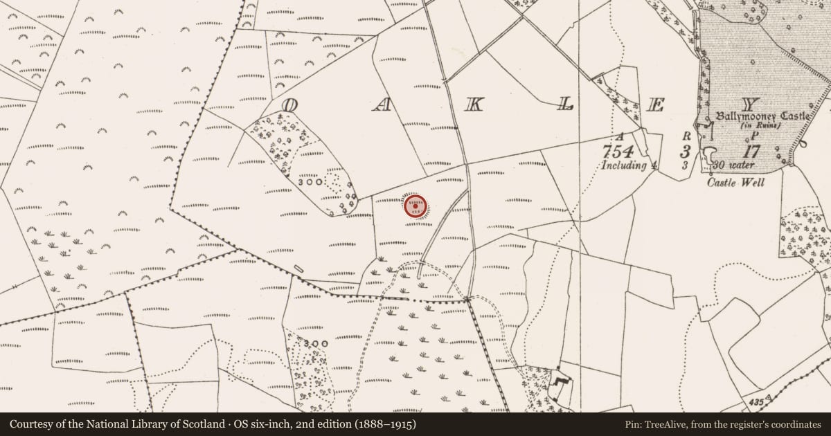 Ordnance Survey six-inch map, 2nd edition (1888–1915) covering the location of Enclosure, Oakleypark, County Offaly, with a pin at the register's coordinates