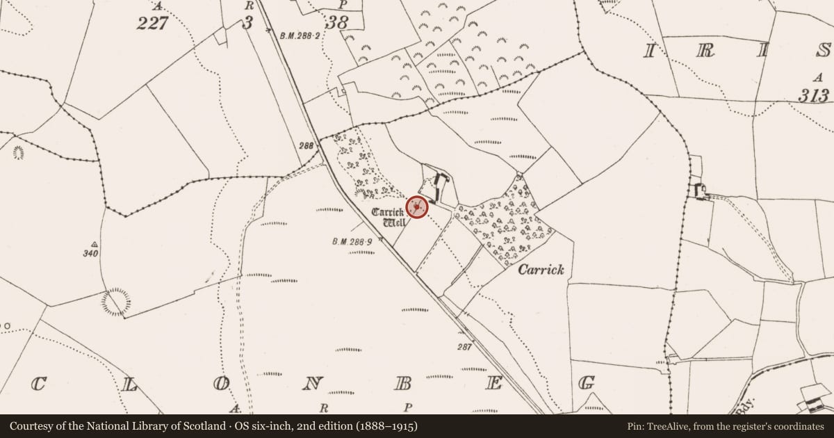 Ordnance Survey six-inch map, 2nd edition (1888–1915) covering the location of Well, Clonbeg, County Offaly, with a pin at the register's coordinates