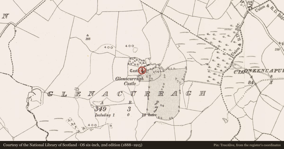 Ordnance Survey six-inch map, 2nd edition (1888–1915) covering the location of Castle - tower house, Glenacurragh, County Offaly, with a pin at the register's coordinates