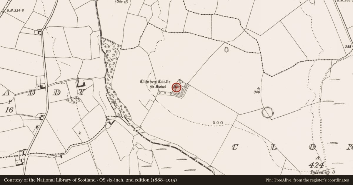 Ordnance Survey six-inch map, 2nd edition (1888–1915) covering the location of Castle - unclassified, Clonbeg, County Offaly, with a pin at the register's coordinates
