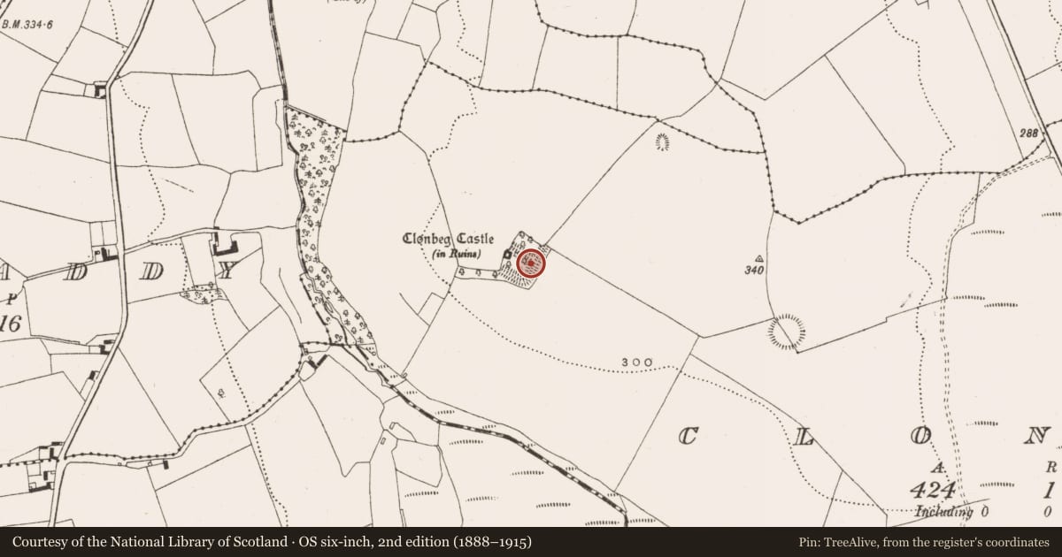 Ordnance Survey six-inch map, 2nd edition (1888–1915) covering the location of Bawn, Clonbeg, County Offaly, with a pin at the register's coordinates
