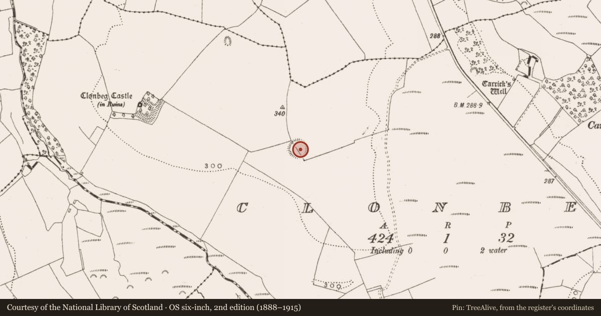 Ordnance Survey six-inch map, 2nd edition (1888–1915) covering the location of Enclosure, Clonbeg, County Offaly, with a pin at the register's coordinates