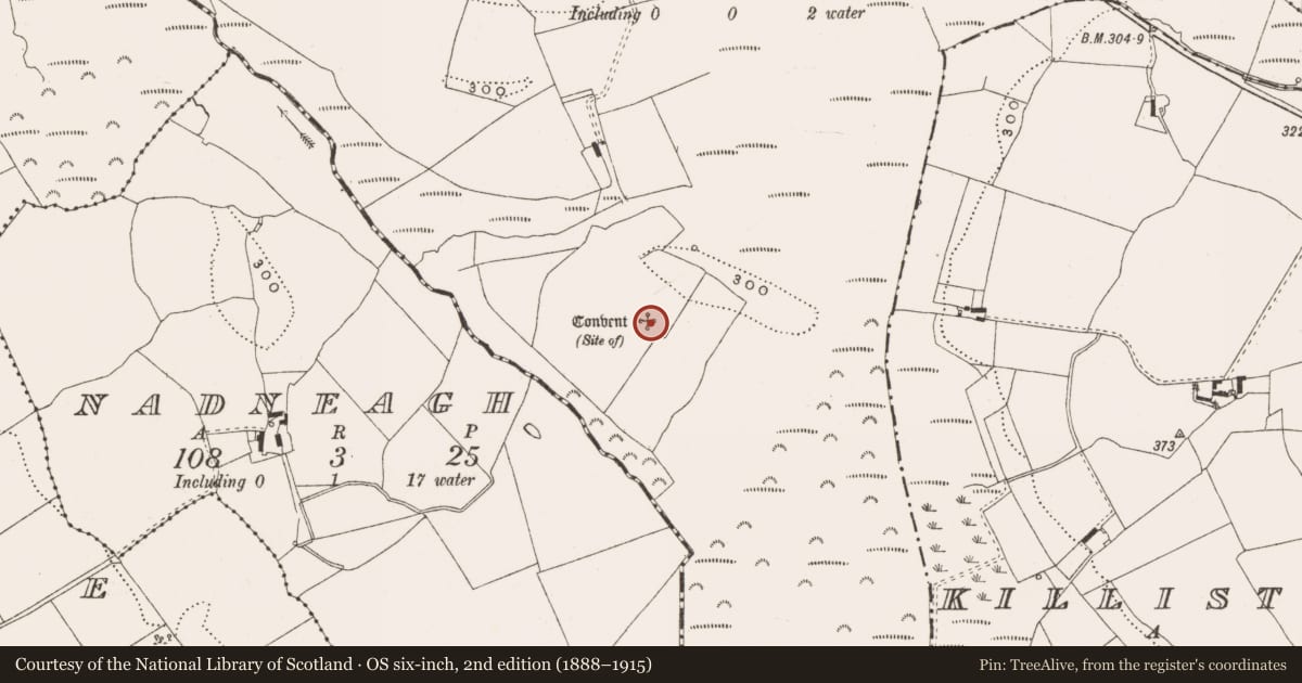 Ordnance Survey six-inch map, 2nd edition (1888–1915) covering the location of House - 16th/17th century, Clonbeg, County Offaly, with a pin at the register's coordinates