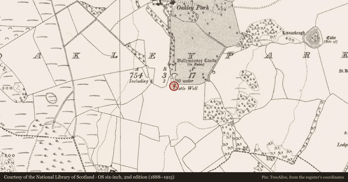Ordnance Survey six-inch map, 2nd edition (1888–1915) covering the location of Bawn, Oakleypark, County Offaly, with a pin at the register's coordinates