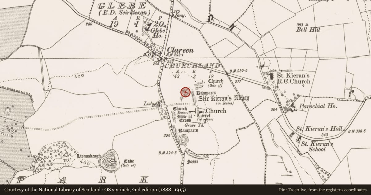 Ordnance Survey six-inch map, 2nd edition (1888–1915) covering the location of Ecclesiastical enclosure, County Offaly, with a pin at the register's coordinates