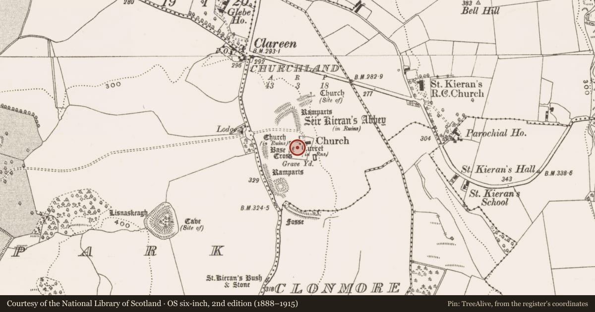 Ordnance Survey six-inch map, 2nd edition (1888–1915) covering the location of Cross - High cross, Churchland, County Offaly, with a pin at the register's coordinates