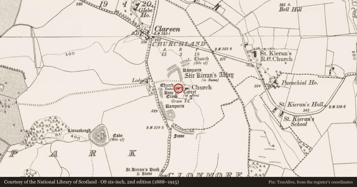 Ordnance Survey six-inch map, 2nd edition (1888–1915) covering the location of Religious house - Augustinian canons, Churchland, County Offaly, with a pin at the register's coordinates