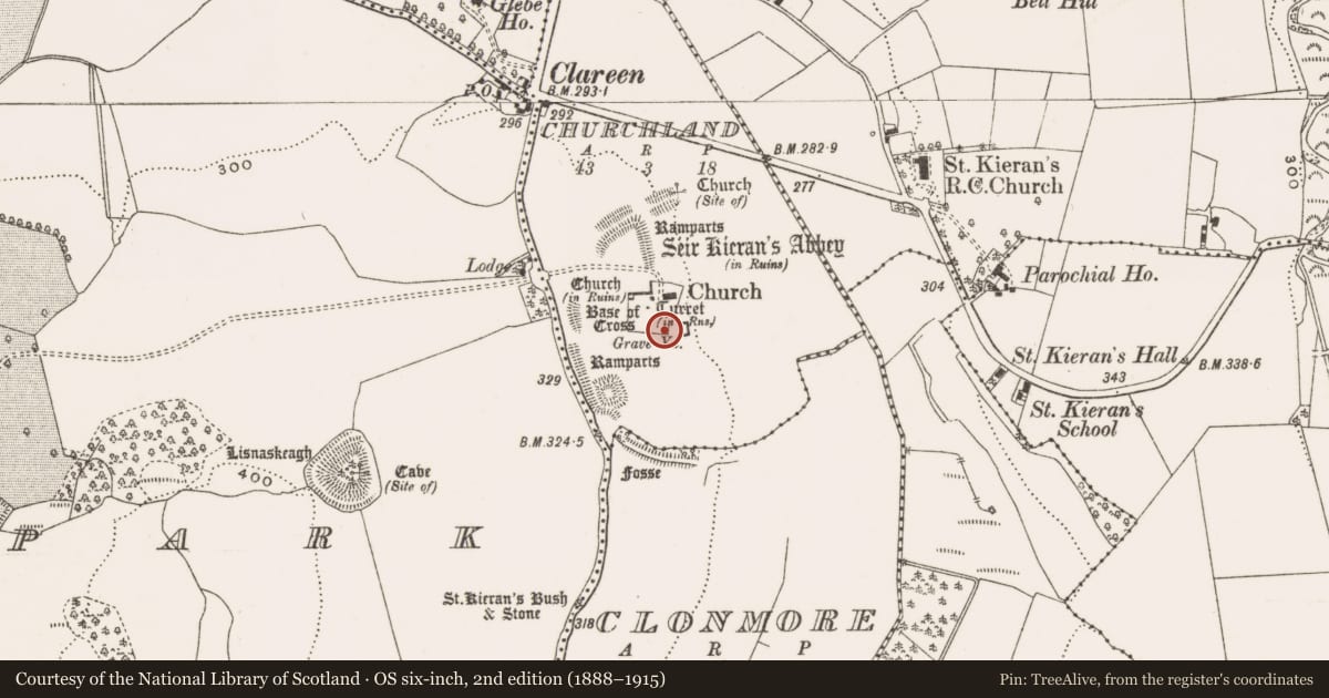 Ordnance Survey six-inch map, 2nd edition (1888–1915) covering the location of Building, Churchland, County Offaly, with a pin at the register's coordinates