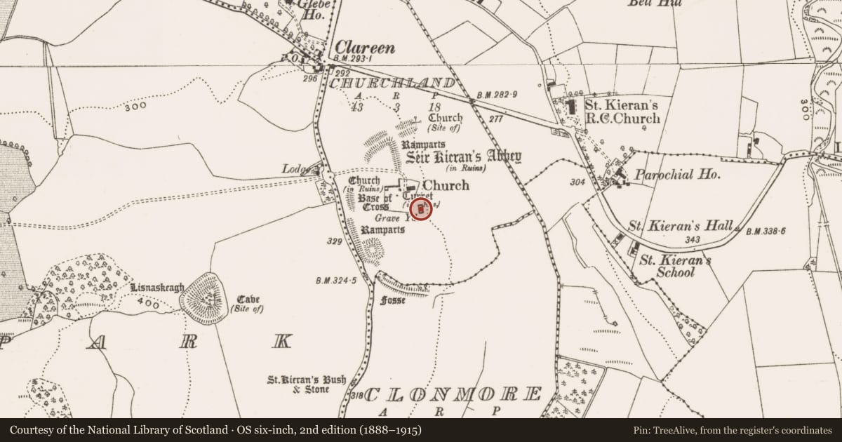 Ordnance Survey six-inch map, 2nd edition (1888–1915) covering the location of Building, Churchland, County Offaly, with a pin at the register's coordinates