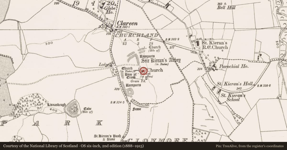 Ordnance Survey six-inch map, 2nd edition (1888–1915) covering the location of Sheela-na-gig, Churchland, County Offaly, with a pin at the register's coordinates