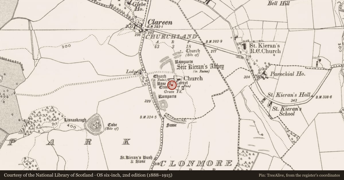 Ordnance Survey six-inch map, 2nd edition (1888–1915) covering the location of Cross-slab, Churchland, County Offaly, with a pin at the register's coordinates