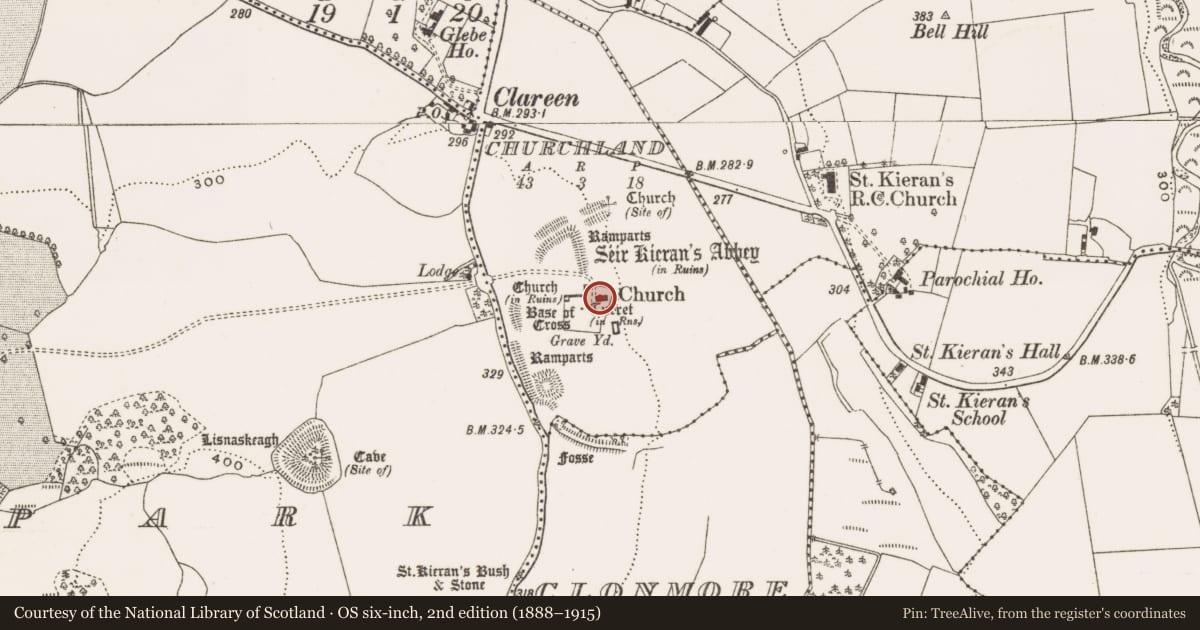 Ordnance Survey six-inch map, 2nd edition (1888–1915) covering the location of Cross-slab, Churchland, County Offaly, with a pin at the register's coordinates