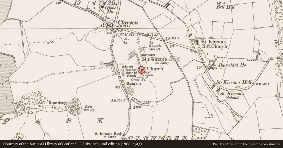 Ordnance Survey six-inch map, 2nd edition (1888–1915) covering the location of Architectural fragment, Churchland, County Offaly, with a pin at the register's coordinates