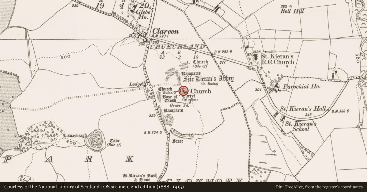 Ordnance Survey six-inch map, 2nd edition (1888–1915) covering the location of Font, Churchland, County Offaly, with a pin at the register's coordinates