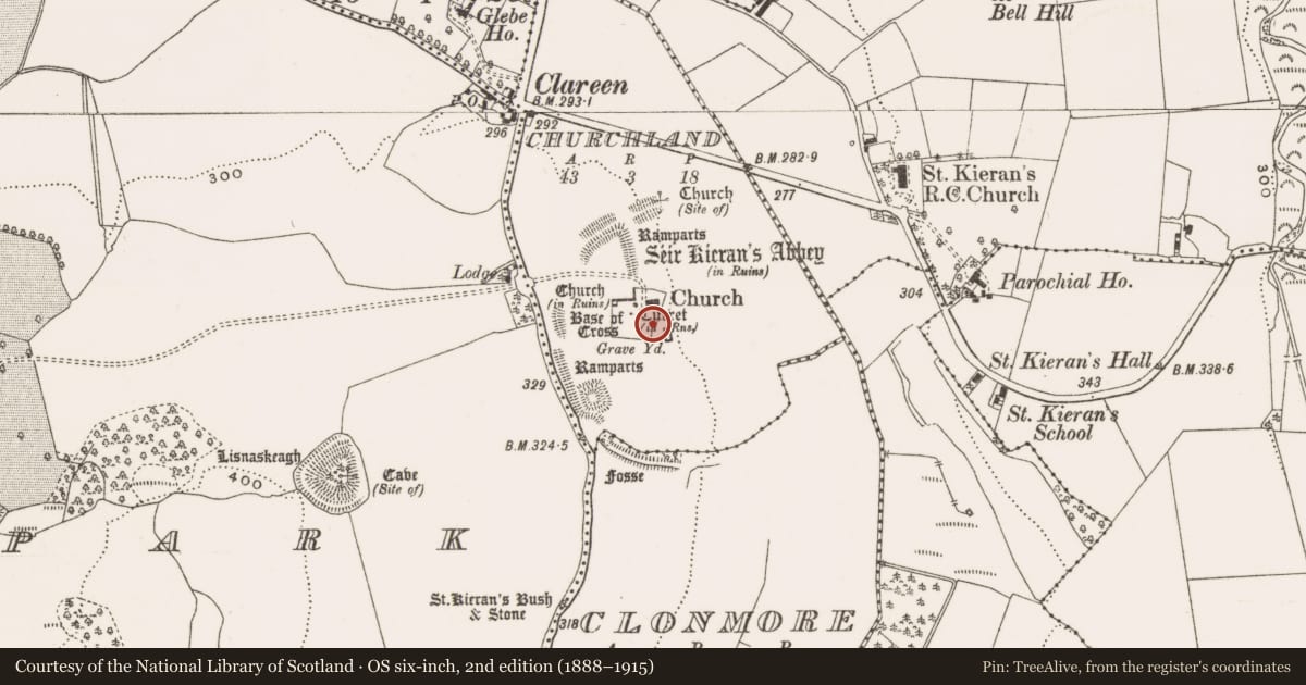 Ordnance Survey six-inch map, 2nd edition (1888–1915) covering the location of Tomb - table tomb, Churchland, County Offaly, with a pin at the register's coordinates